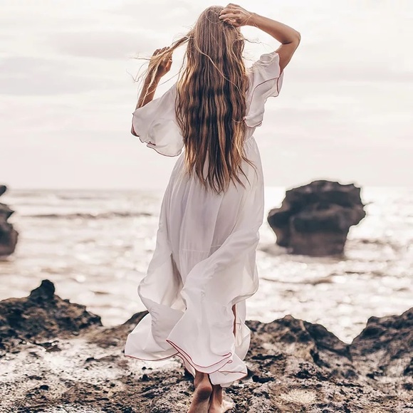 White Cleo Cotton Boho Maxi Dress W/Side Slits Hand Embroidered Stitch Coverup - Picture 2 of 9